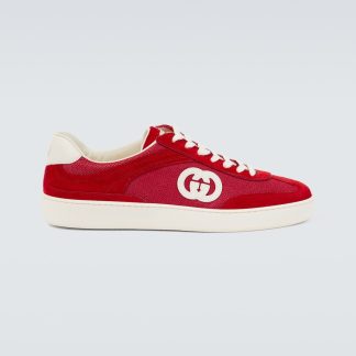 designer a basso costo Gucci Scarpe in pelle scamosciata e tela con G intrecciata in rosso