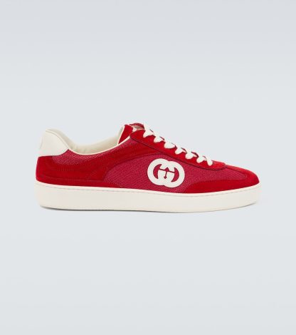 designer a basso costo Gucci Scarpe in pelle scamosciata e tela con G intrecciata in rosso