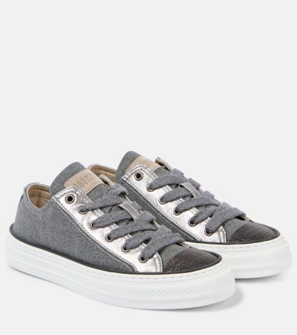 designer all'ingrosso Brunello Cucinelli Scarpe in tela bordata di pelle con perline in grigio