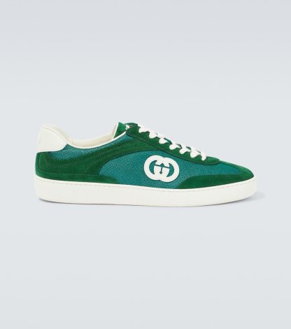 designer all'ingrosso Gucci Scarpe in pelle scamosciata e tela con G intrecciata di colore verde