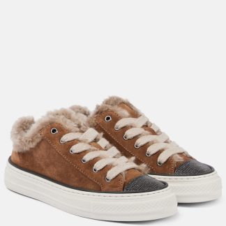 replica di lusso Brunello Cucinelli Scarpe in camoscio e shearling impreziosite in marrone