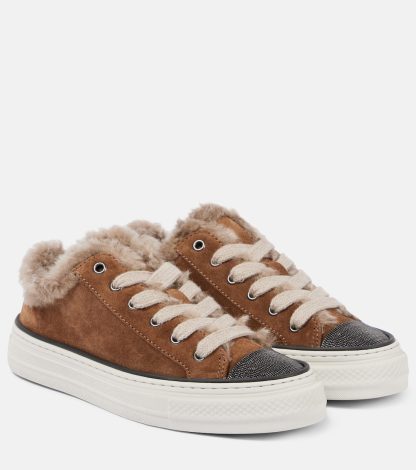 replica di lusso Brunello Cucinelli Scarpe in camoscio e shearling impreziosite in marrone