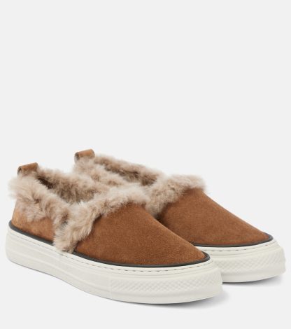 vendita calda di lusso Brunello Cucinelli Scarpe slip-on in pelle scamosciata foderate in shearling